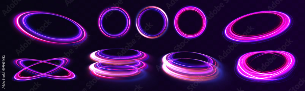 Poster set of speed lines in circle shape of neon colors for your design. glowing spiral. abstract neon col