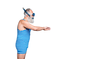 Profile side photo of focused retired man moving breaststroke using snorkel gear wearing striped swimwear isolated over blue background