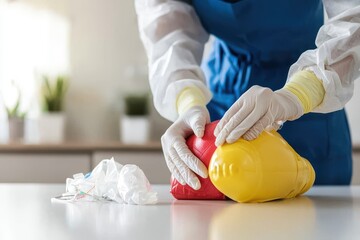 Healthcare Professional Handling Biohazard Waste with Precautionary Measures