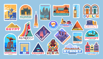 Huge set of stickers about different countries, landmarks and places