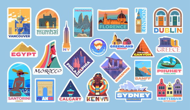 Huge set of stickers about different countries, landmarks and places