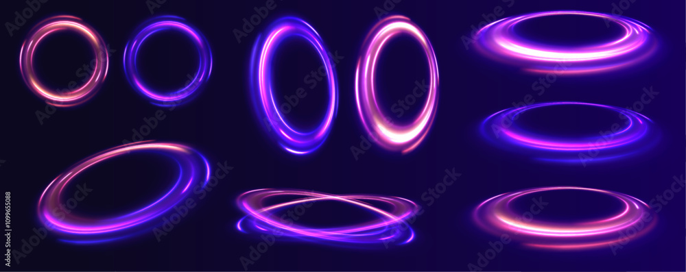 Poster set of speed lines in circle shape of neon colors for your design. glowing spiral. abstract neon col