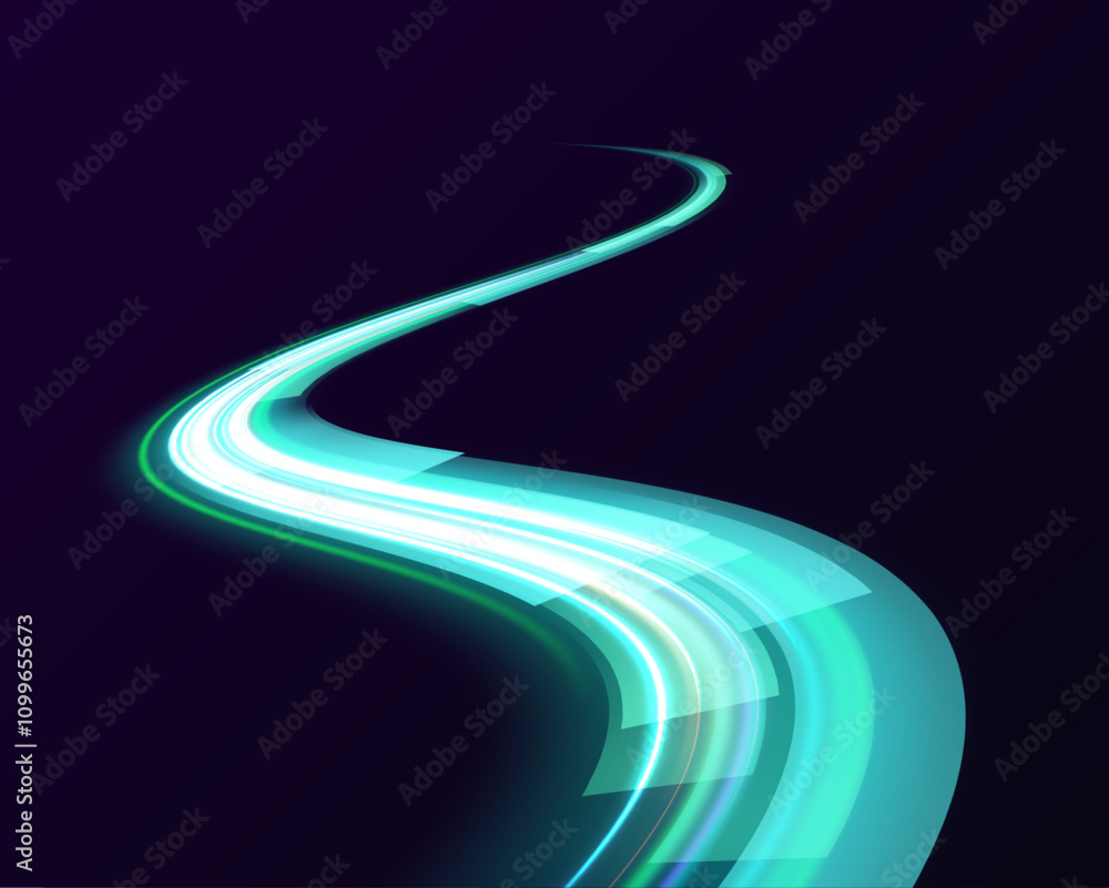 Aufkleber Moving neon green lines with geometric shapes for IT design. Abstract background rotational border lines. Night motorway with light effects in neon colors purple.
