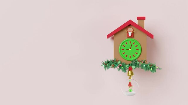 Cuckoo Clock with elves, santa claus, decorated branches of pine trees, jingle bell, coin isolated on pink. merry christmas, festive new year concept, 3d render illustration, alpha channel