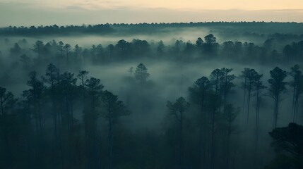 Fototapeta premium Misty Forest Landscape At Dawn Showing Tall Trees