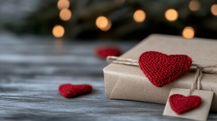 Fototapeta premium A beautifully wrapped gift adorned with red knitted hearts against a softly lit backdrop evokes the warmth and sentiment of Valentine's Day.