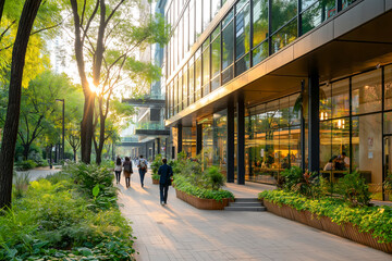 Fototapeta premium Modern Urban Street Lined with Green Plants and Glass Buildings at Sunset with Pedestrians Walking.
