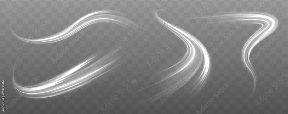 Poster set of bright white light lines in wave form with dynamic motion and bokeh star trail effects. festi