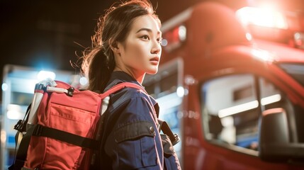 Obraz premium A young woman in a blue uniform stands in front Of an ambulance with a red backpack On her back likely an emergency medical technician or paramedic waiting to respond to a medical emergency.