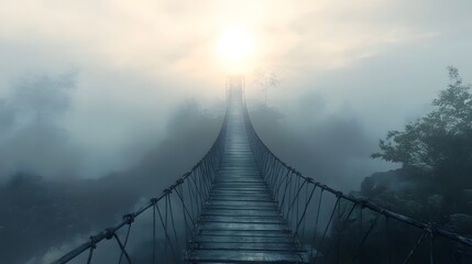 Fototapeta premium A Misty Rope Bridge Leading to Sunlight
