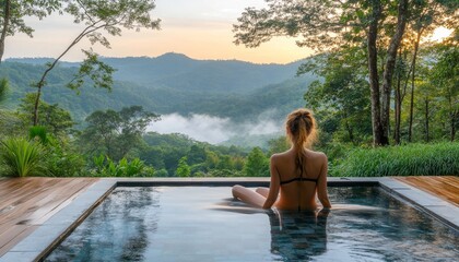 Fototapeta premium Woman Relaxes in Infinity Pool, Enjoying Breathtaking Mountain View at Sunset, Embracing Tranquility