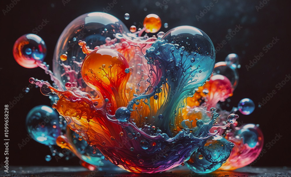 Poster colorful bubble with a splash of water. the bubbles are in various colors and sizes