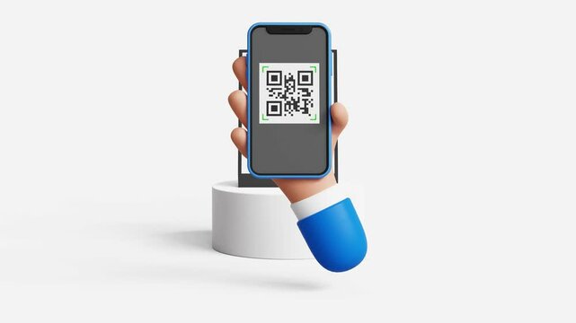 Successful payment transfer. 3D hand with smartphone scanning QR code for payment. E-wallet, financial services, POS machine, fintech, online or wireless payment, digital transaction. 4K 3D animation