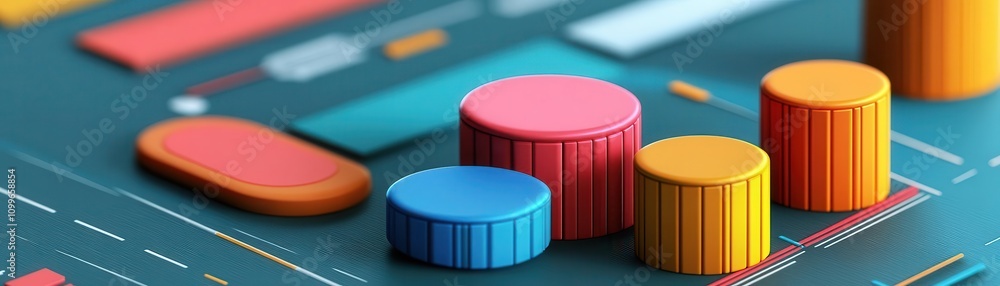 Poster a vibrant 3d representation of colorful data visualization elements, including bars and circular sha