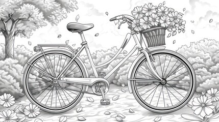 Obraz premium Bicycle with flower basket in garden.