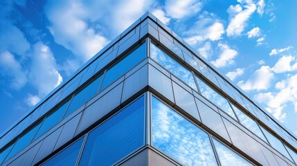 Modern Building Corner Reflecting Blue Sky Clouds