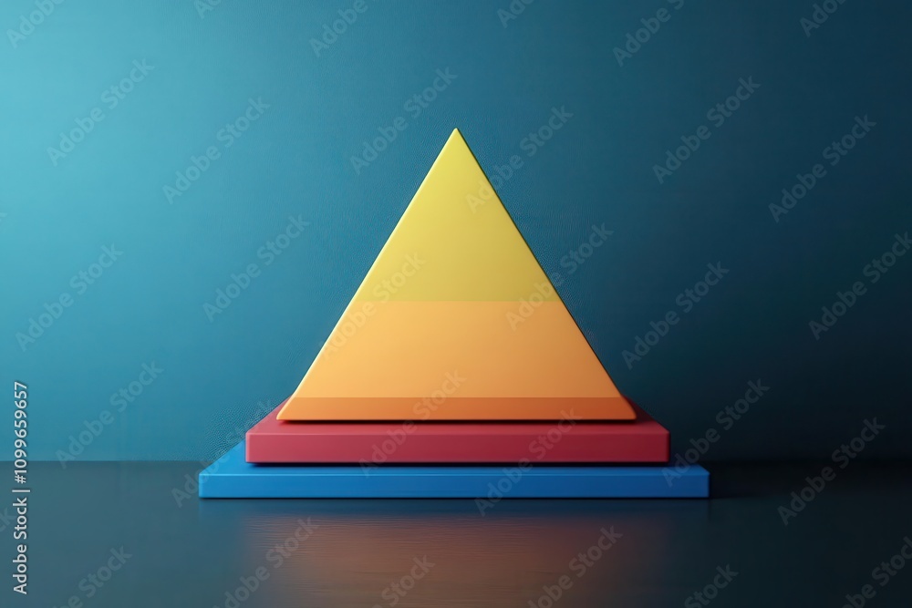 Poster a colorful geometric pyramid shape is centered on a stylized base, set against a solid blue backgrou