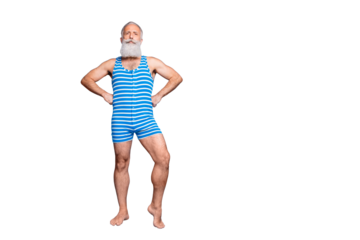 Full length body size view of his he nice attractive trendy stylish content strong gray-haired man posing spending weekend isolated over bright vivid shine turquoise blue green background