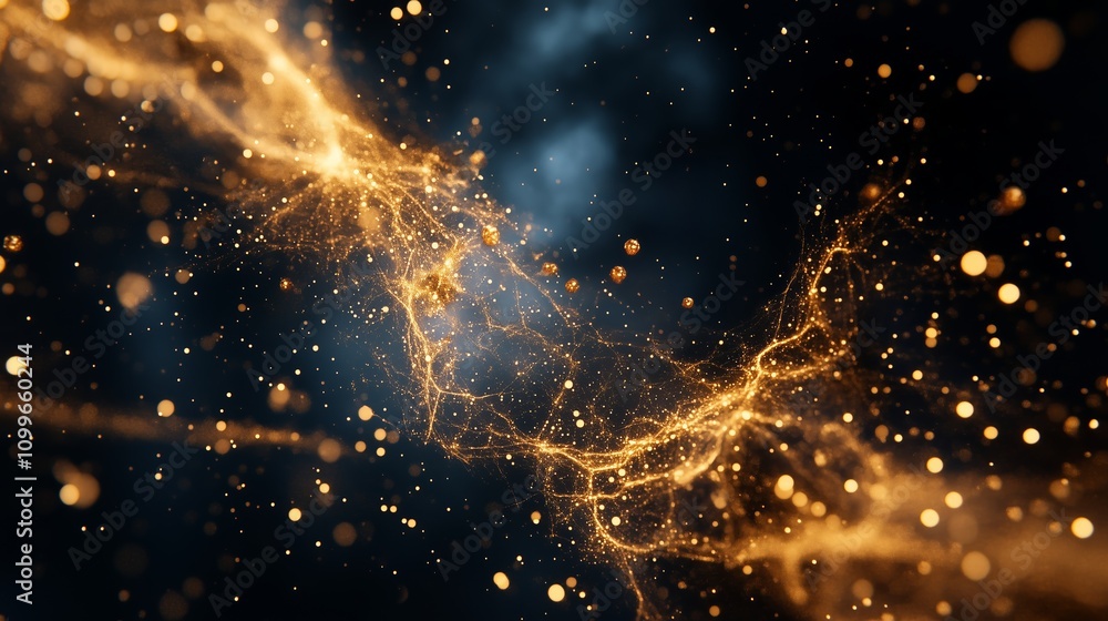 Poster a digital rendering depicts a dynamic scene of golden particles moving against a dark backdrop