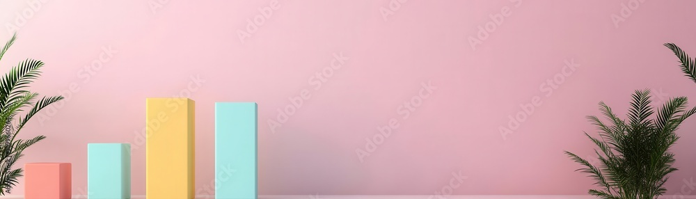 Poster a minimalistic scene featuring colorful bar graphs against a soft pink background, complemented by g