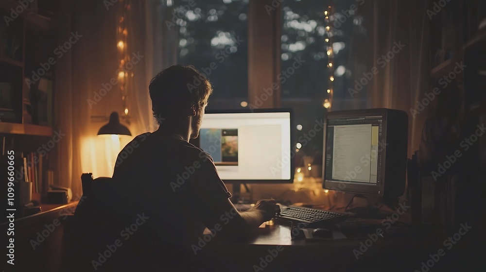 Poster man working late at night on his computer in a dimly lit room.