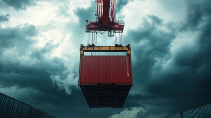 Fototapeta premium Container being lifted by a reach stacker in an industrial park: Dynamic low-angle shot with storm clouds, visible hydraulic systems, and sharp technical focus in ultra HD.