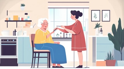 Fototapeta premium Young woman helps elderly woman with grooming in kitchen