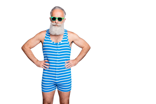 Portrait of his he nice attractive content gray-haired man hipster hands on hips summertime tour isolated over bright vivid shine turquoise blue green background