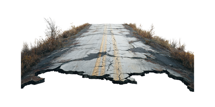 Damaged Asphalt Road With Grass Edges Isolated On Transparent Background - Powered by Adobe