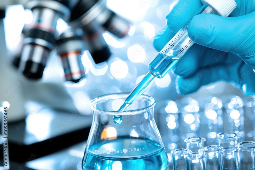 Poster laboratory research with pipette and microscope in biotechnology experiment