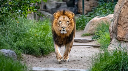 Obraz premium Male lion walking looking straight at the camera, national wildlife day