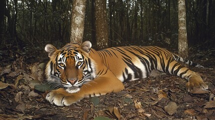 Obraz premium Malayan tiger laying in the forest, showcasing its beautiful orange fur and black stripes, endangered, wildlife 