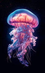 Vertical wallpaper of Glowing Jellyfish in the Deep Sea: A Mystical Underwater surreal Scene, pastel pink and blue colors