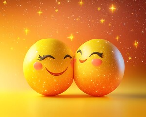 A cheerful couple kiss emoji in bright yellow and orange tones with shimmering star patterns on a cosmic gradient ,