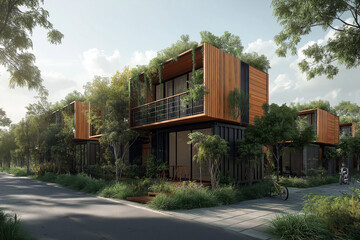 Naklejka premium 3d rendering, A cluster of tiny homes in the city center, made from shipping containers, features greenery and trees on every balcony. The buildings have wooden facades