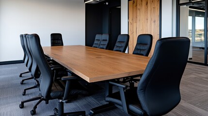 A modern conference room with a large wooden table and black swivel chairs invites collaboration and effective meetings.
