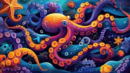 Obraz premium Vibrant octopus in ocean with starfish, treasure chest, and bubbles.