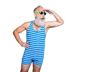 Portrait of his he nice attractive sportive trendy stylish amazed funky gray-haired man looking far...