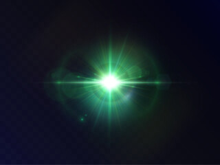 Obraz premium Abstract glow and lens flare effect for illustrations and game interface design. Bright green glow of light lens reflection. Vector