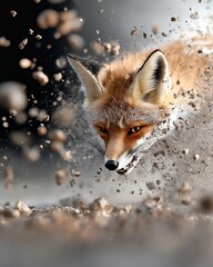 Fototapeta premium Long shot of a playful fox transforming into a warrior in a magical landscape, action-packed angle, emphasizing adventure and fantasy