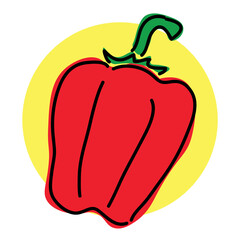 red pepper with green stem cut off with yellow circle background