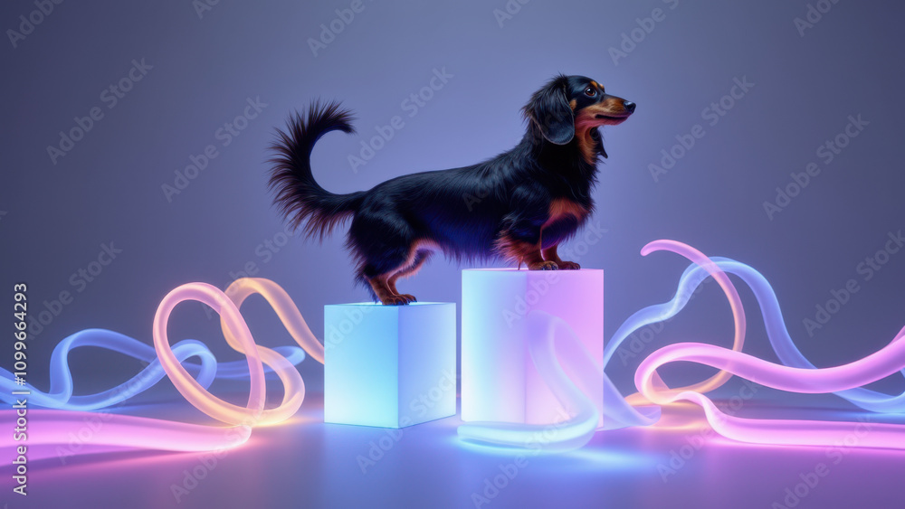 Poster a dachshund on a colorful geometric cube stack with dynamic neon colors flowing around it.