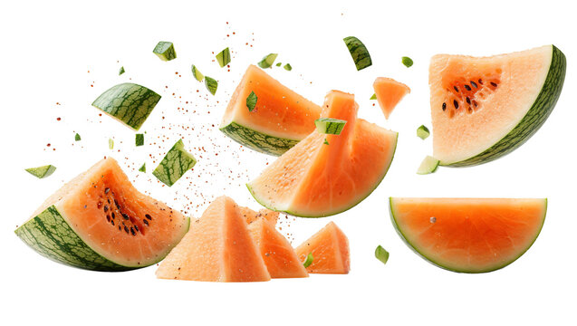 A symphony of freshness: Exploring the vibrant explosion of watermelon pieces in mid-air, capturing the essence of summer in a single delicious moment filled with flavor.