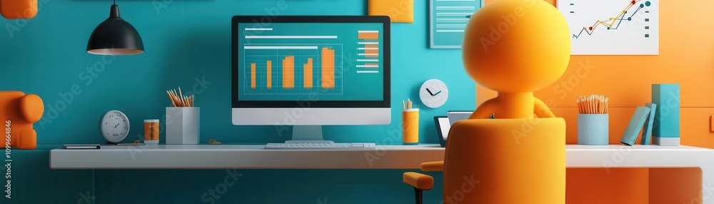 Poster a colorful workspace featuring a computer displaying graphs, with an orange character seated, surrou