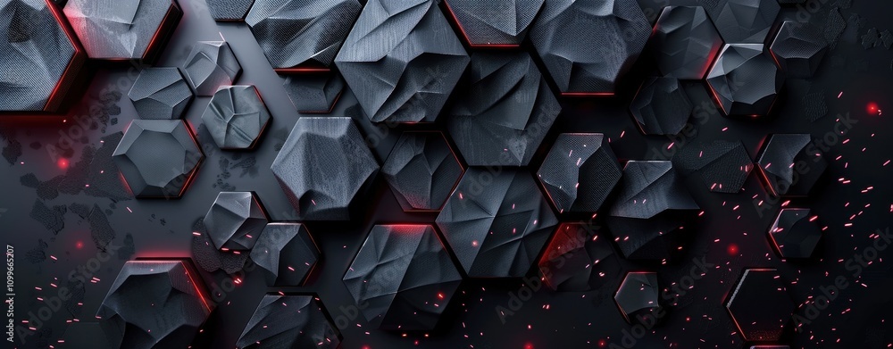 Poster abstract hexagonal dark grey stone pattern with red glows