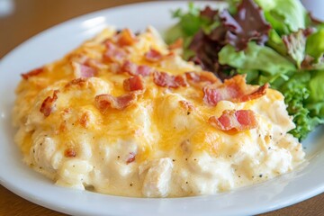 Deliciously Creamy Chicken Casserole with Cheddar Cheese and Crispy Bacon on a Plate Surrounded by Fresh Green Salad on a Wooden Table