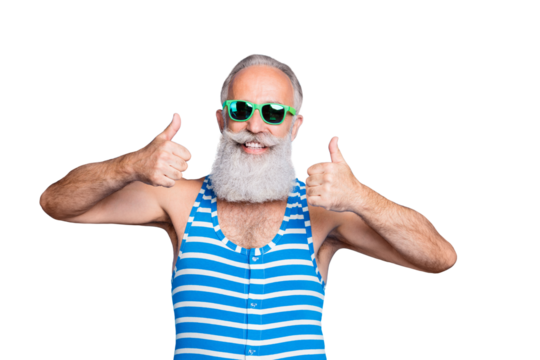 Close-up portrait of his he nice attractive content cheerful cheery glad gray-haired man showing two double thumbup great resort spa ad isolated over bright vivid shine turquoise blue background