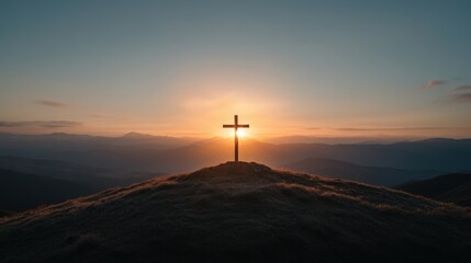 Obraz premium spiritual reflection, one crucifix stands alone atop a hill, outlined by the setting sun, inviting calmness and introspection in the serene setting