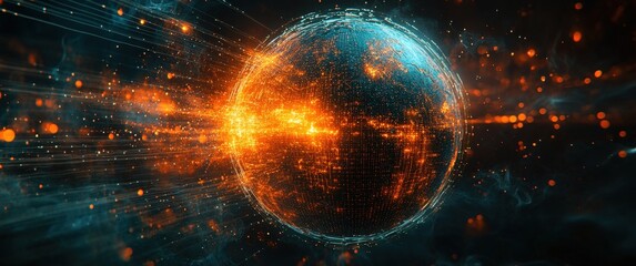 Obraz premium Abstract digital representation of a glowing planet, surrounded by vibrant particle trails and swirling light, suitable for technology, science
