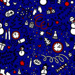 Naklejka premium Merry X-mas pattern with doodle elements in white, blue and red colors